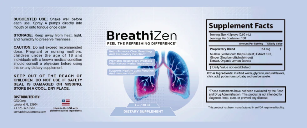 BreathiZen bottle label with the Supplement Facts panel