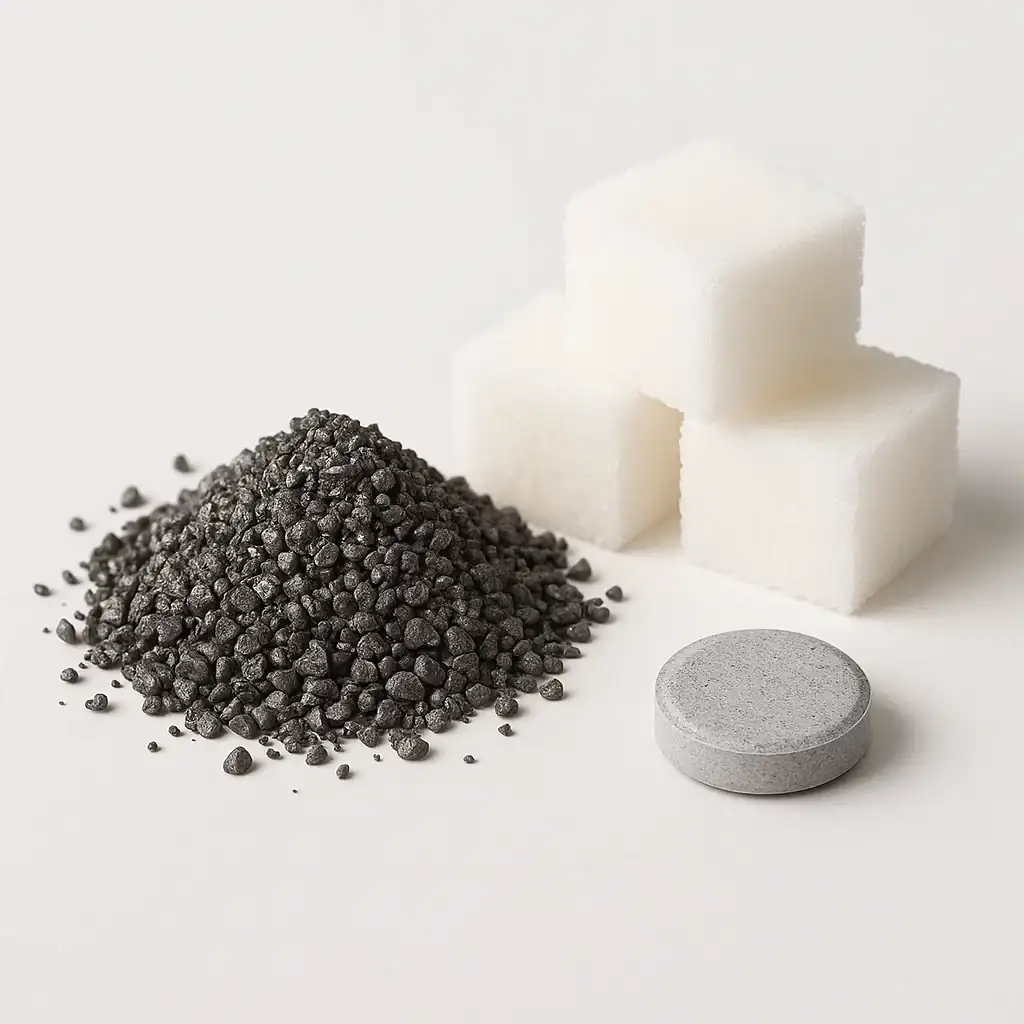 Dark powder, sugar cubes and a tablet beside each other